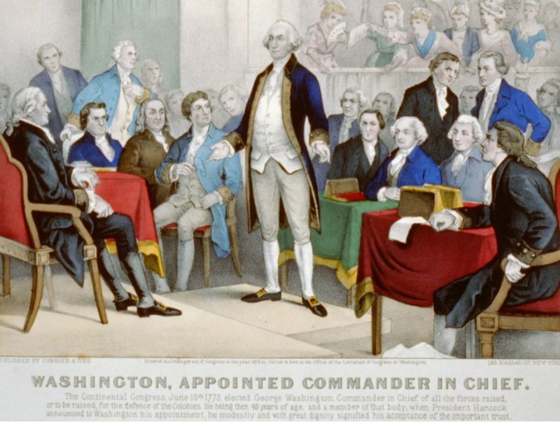The Continental Congress elected George Washington as commander in chief of the fledgling nation’s forces June 15, 1775. Published by Currier & Ives, c. 1876. SOUCE: LIBRARY OF CONGRESS